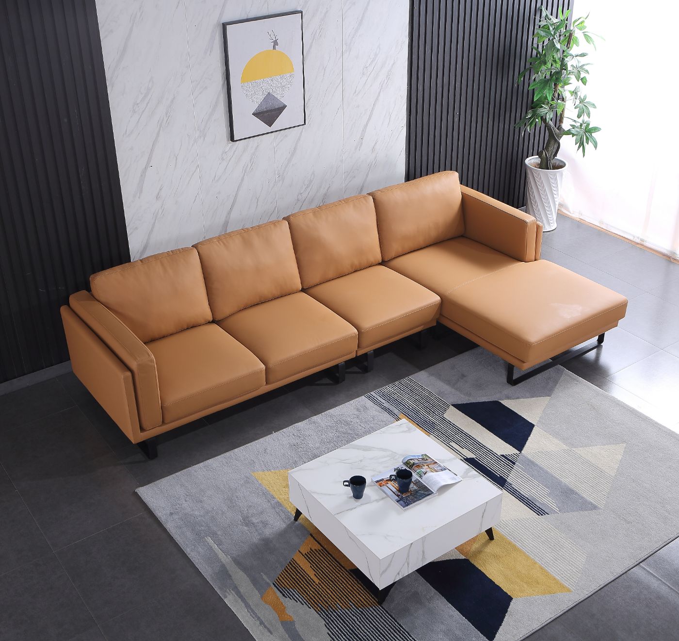 Fidelio Cognac Modern Premium Italian Leather Sectional with Right Side ...