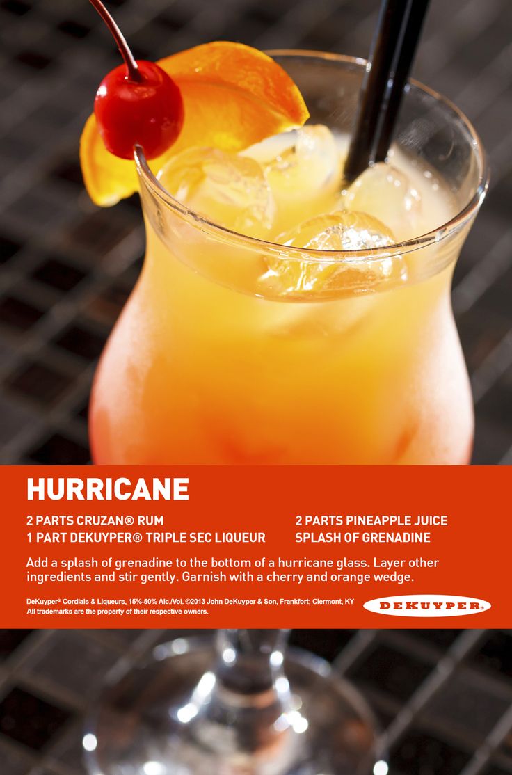 Hurricane drink 2 parts cruzan rum 1 part Dekuyper triple ...
